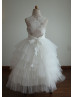 Ivory Lace Puffy Tulle Tea Length Flower Girl Dress